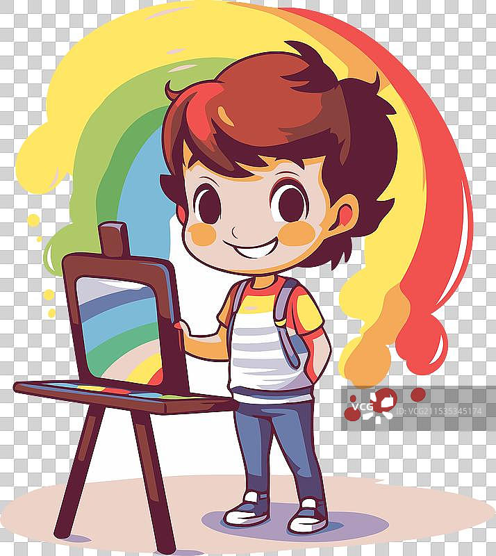可爱的男学生背着书包和画架图片素材