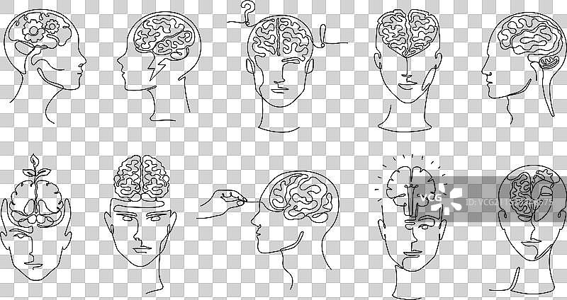 连续一线的人类头部与大脑图案图片素材