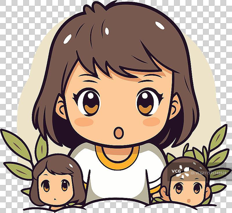 可爱的小女孩与她的家人在白色背景上图片素材