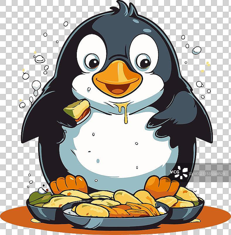 可爱的企鹅与一盘食物图片素材