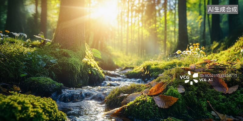 【AI数字艺术】阳光照进森林：产品广告背景图图片素材