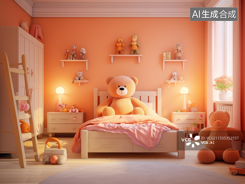 【AI数字艺术】温馨童趣儿童房暖色系儿童卧室设计图片素材