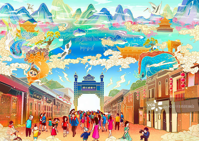 国风山水建筑插画人物插画中国风图片素材