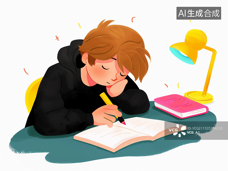 【AI数字艺术】减轻学生学业负担过大：一个男孩学生趴在书桌上痛苦地写作业累到睡着了插画图片素材
