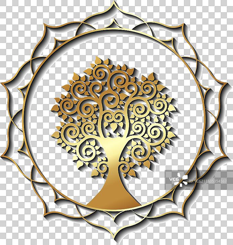 神圣莲花框架上的金色生命之树标志图片素材