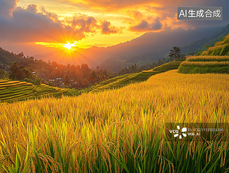 【AI数字艺术】大片户外金黄色成熟稻谷，丰收的季节秋收图片素材