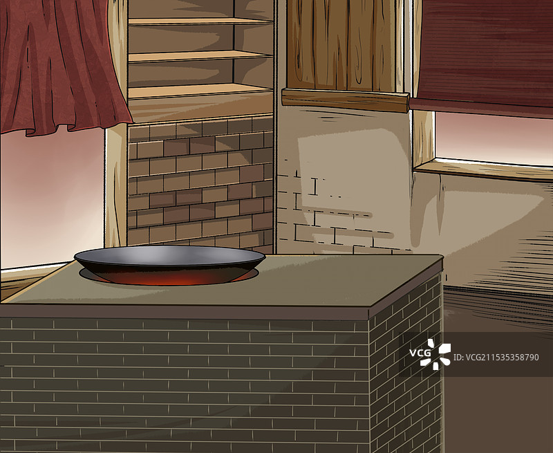 厨房内部复古风民国风正在烧火的锅图片素材