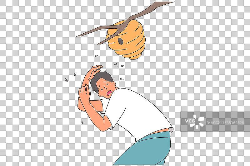 愤怒的蜜蜂巢在害怕的男人头顶上方图片素材