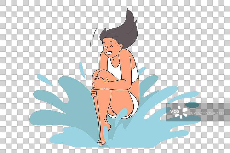 少女高兴地跳入泳池，尽情享受。图片素材