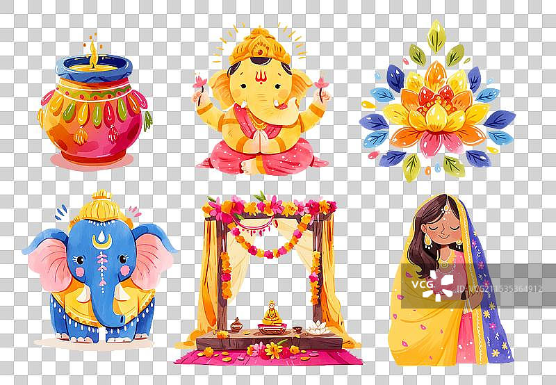 水彩风格的排灯节剪贴画套装 EPS图片素材