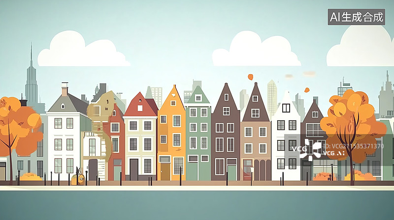 【AI数字艺术】秋色小镇插画图片素材
