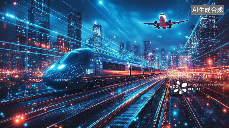 【AI数字艺术】未来科技高铁与飞机通过城市图片素材