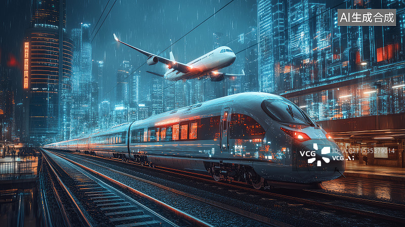 【AI数字艺术】未来科技高铁与飞机通过城市图片素材