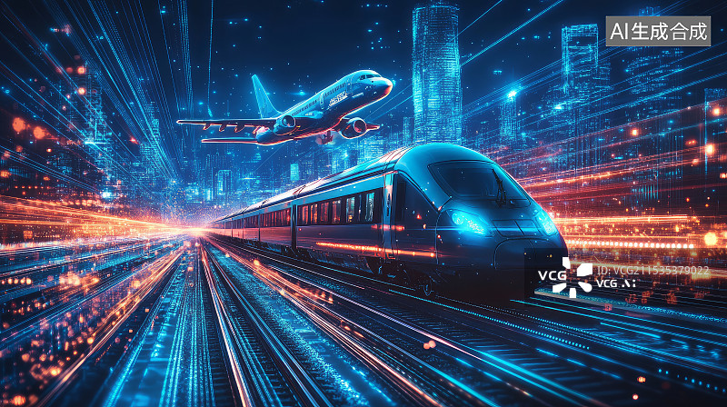 【AI数字艺术】未来科技高铁与飞机通过城市图片素材
