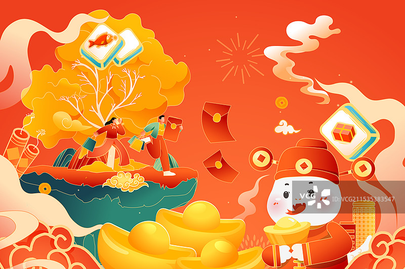 卡通蛇年生肖吉祥物新年元旦春节年货节活动过年艺术字拜年红包家人亲子团圆渐变抽象花卉中国风国潮矢量插画图片素材