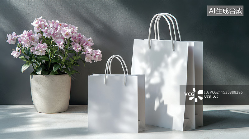 【AI数字艺术】室内里的白色购物袋和绿植图片素材