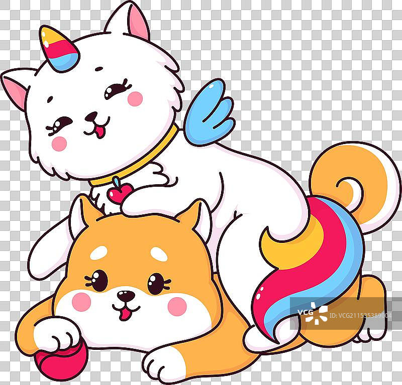 可爱的卡通独角猫和柴犬小狗图片素材