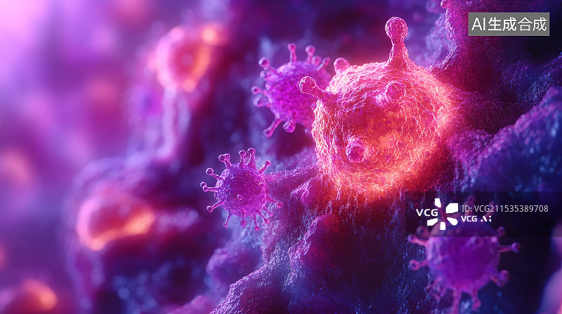 【AI数字艺术】病毒、病毒性疾病流行细胞的特写图片素材