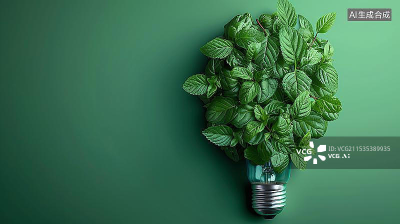 【AI数字艺术】一个由绿色叶子组成的灯泡形状 象征着环保和可持续发展的理念 灯泡的底部是金属螺纹部分图片素材
