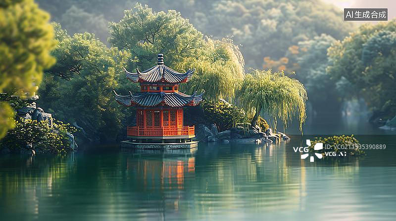 【AI数字艺术】微缩景观 公园里的亭子伫立在水面上 被绿色的柳树包围图片素材