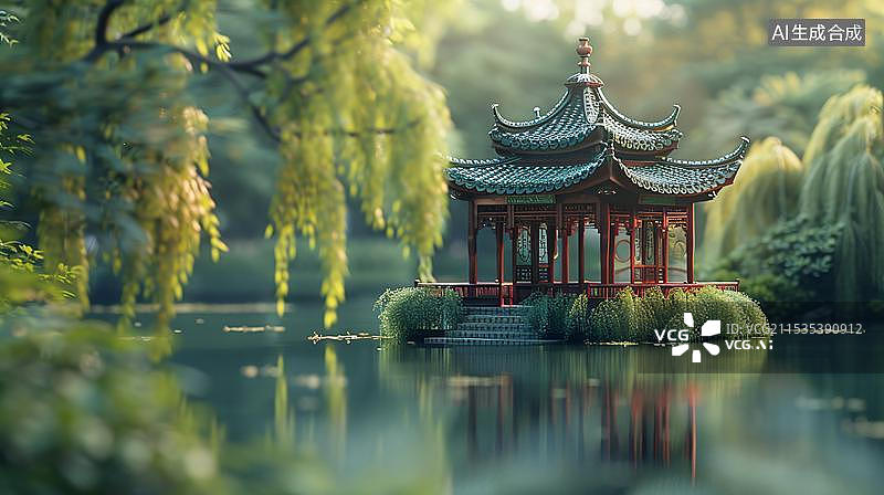 【AI数字艺术】微缩景观 公园里的亭子伫立在水面上 被绿色的柳树包围图片素材