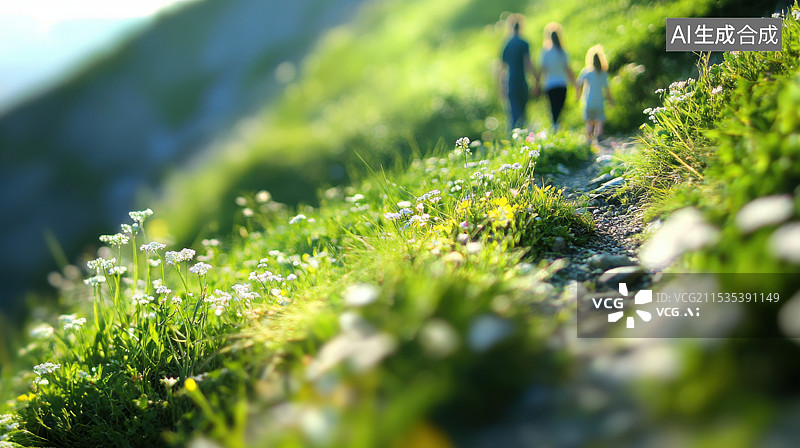 【AI数字艺术】移轴摄影，一家山口在户外徒步旅行图片素材