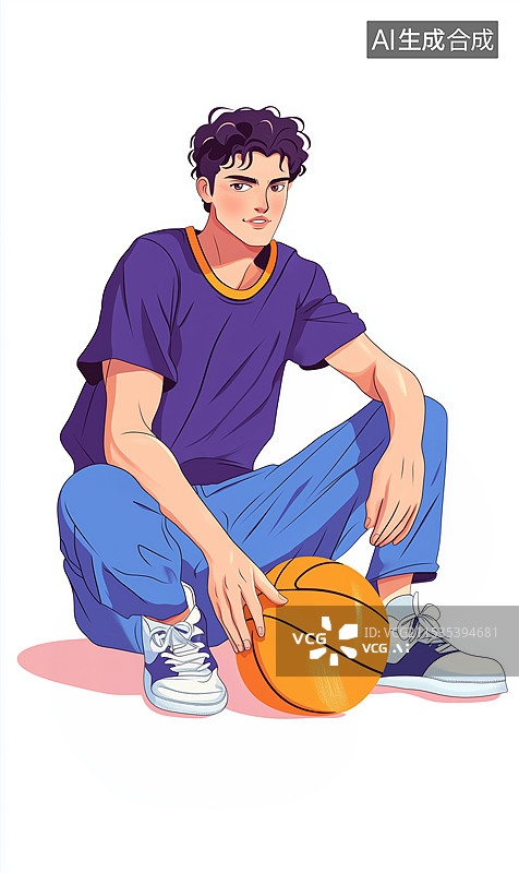 【AI数字艺术】男人蹲着手里拿着篮球卡通插画图片素材