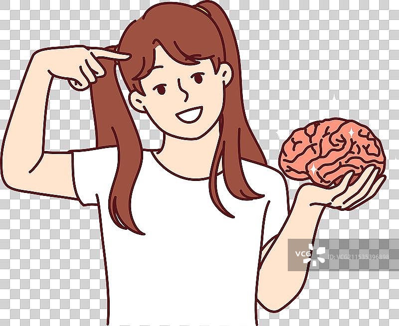小女孩手握大脑，指着前方。图片素材