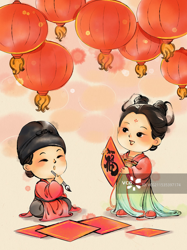 国风新年春节除夕写福字中国年俗水墨插画图片素材