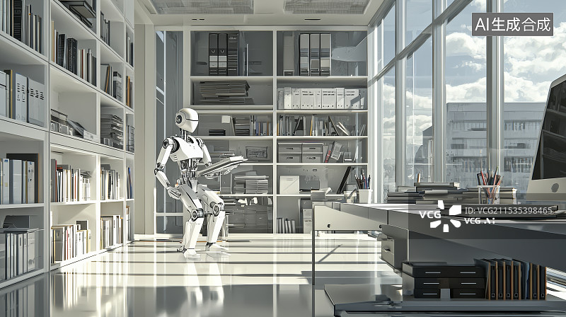 【AI数字艺术】机器人在宽敞的书房中工作图片素材
