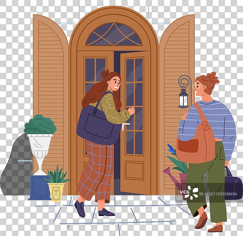 女人打开门走进房子并转身。图片素材