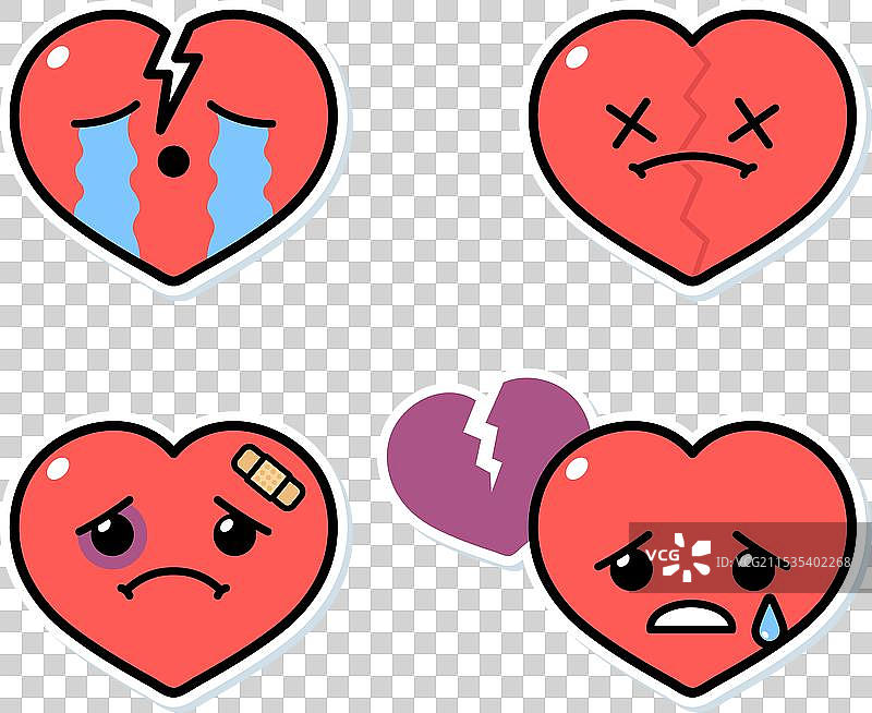 一组可爱的破碎心形角色表情图片素材