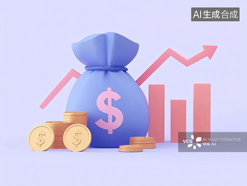 【AI数字艺术】3D钱袋和金币为元素，上升的箭头，展现了财富积累的意象，金融图表与金融投资相关，财富和成功的期望图片素材