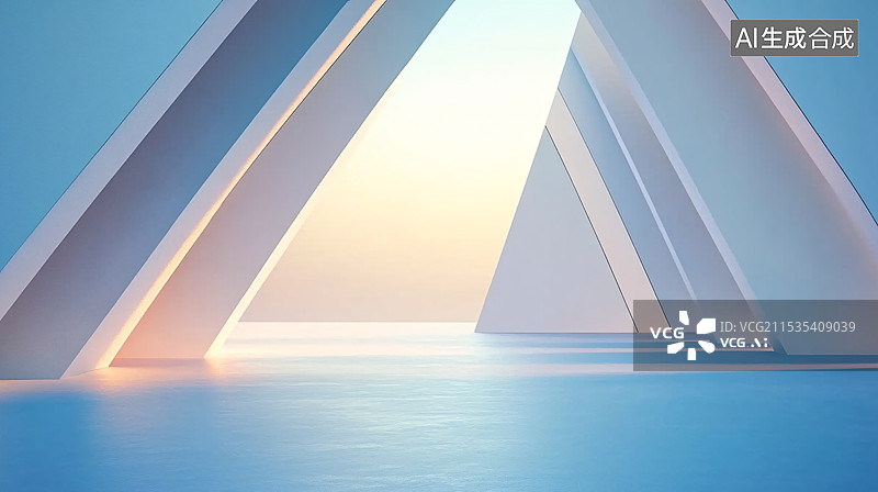 【AI数字艺术】宁静而现代的室内场景，蓝色和白色墙壁柱子，阳光投射出长长的阴影，增强了空间感和神秘氛围图片素材