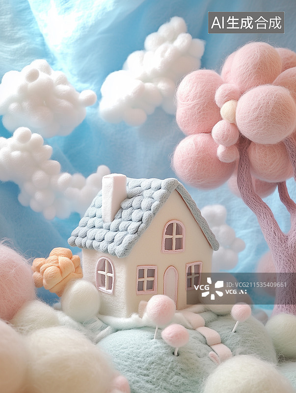 【AI数字艺术】蓝色背景下的棉花糖和房屋模型图片素材