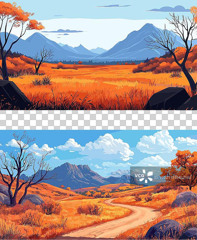 卡通秋季山谷，橙色草地与小径图片素材