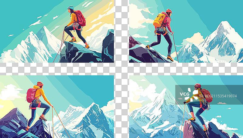 卡通女性攀爬山岩图片素材