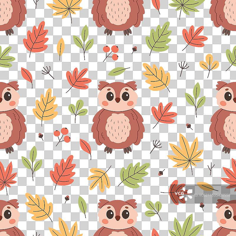可爱猫头鹰与秋天树叶的无缝图案图片素材