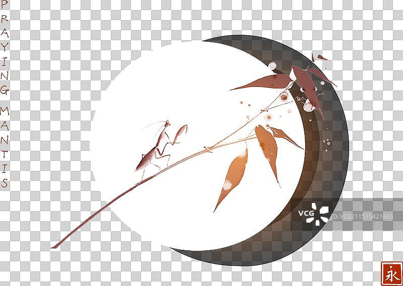 竹子上坐着的 praying mantis 水墨画图片素材