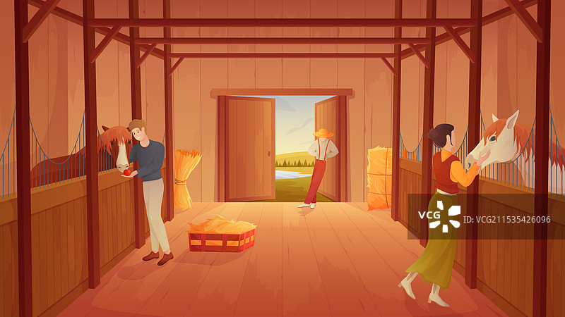 马厩里有人与农场动物在一起图片素材