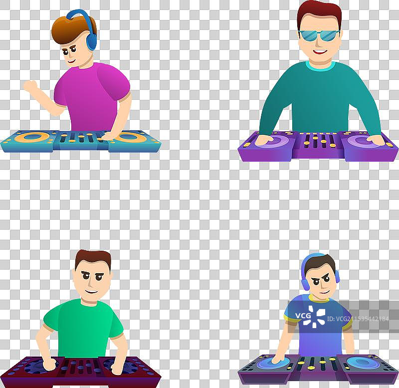 卡通风格的DJ图标集，男DJ正在播放音乐图片素材