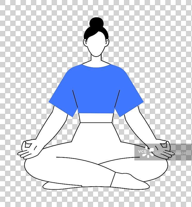 穿着蓝色上衣的女性在冥想时做瑜伽姿势图片素材