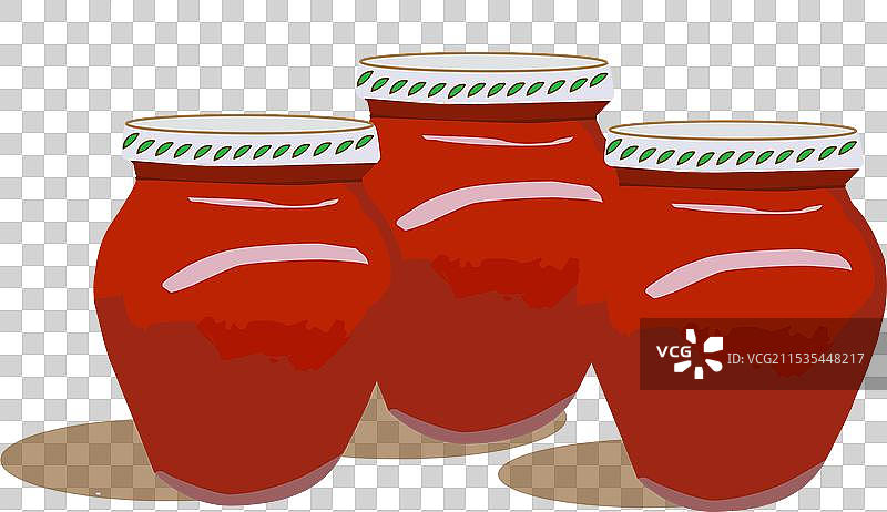 三个装满番茄酱的红色陶瓷罐图片素材