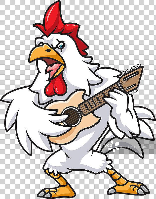 一只公鸡在弹吉他，公鸡音乐家，狂野。图片素材