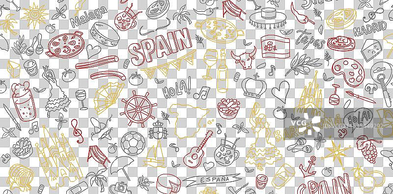 西班牙象征元素的彩色涂鸦线条艺术图片素材