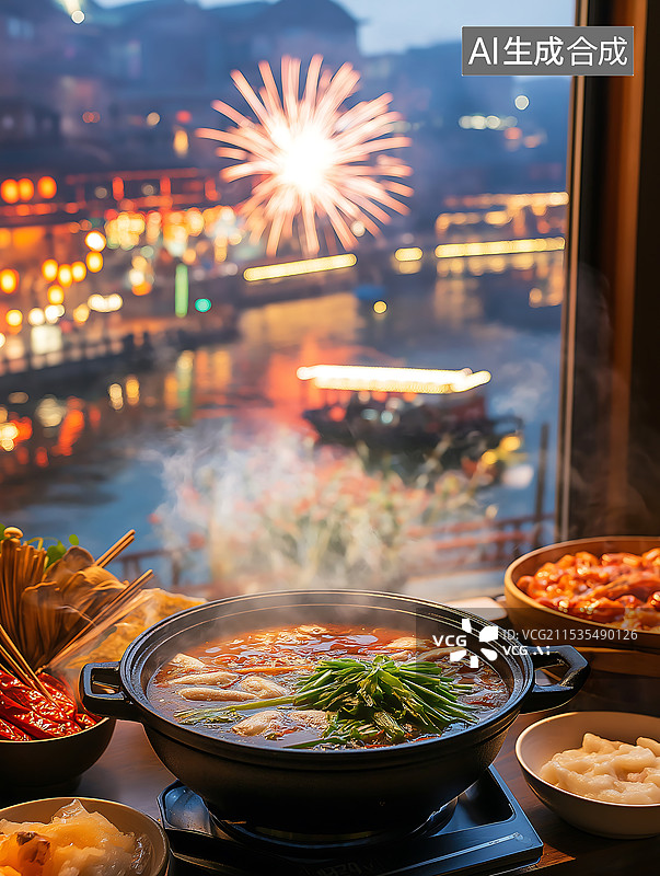 【AI数字艺术】冬至的第一顿热气腾腾火锅美食，烟花窗边图片素材