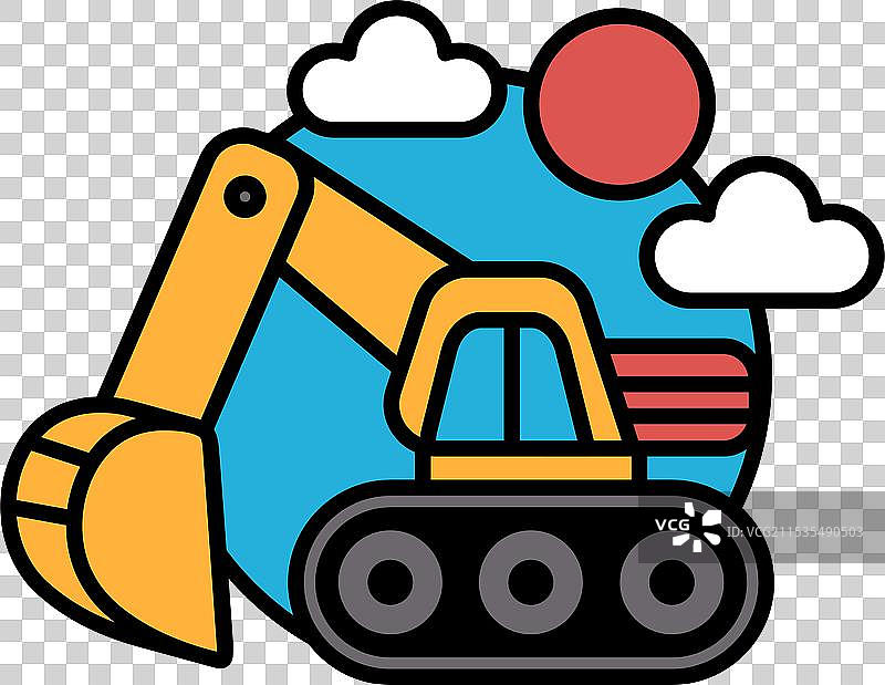 一台黄色挖掘机在天空中与云朵相映衬。图片素材