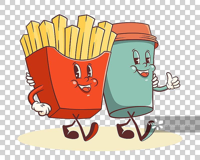 复古角色与美味的薯条和咖啡图片素材