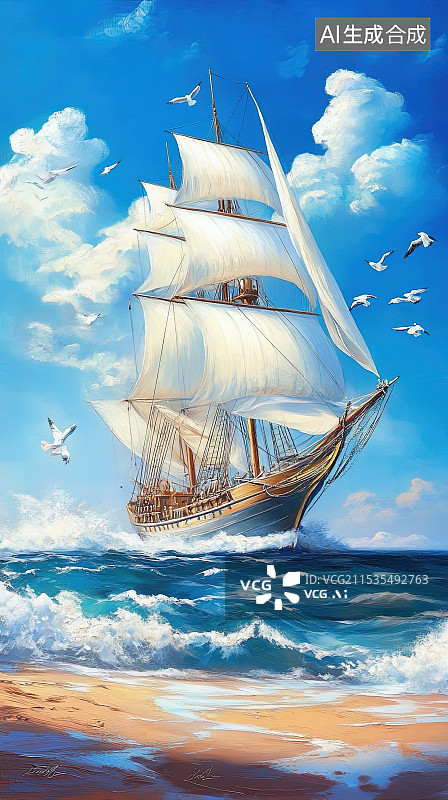 【AI数字艺术】海面上乘风破浪的复古帆船插画图片素材