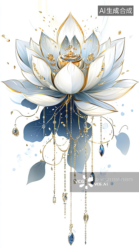 【AI数字艺术】一朵白色的荷花奢华珠宝元素艺术插画图片素材